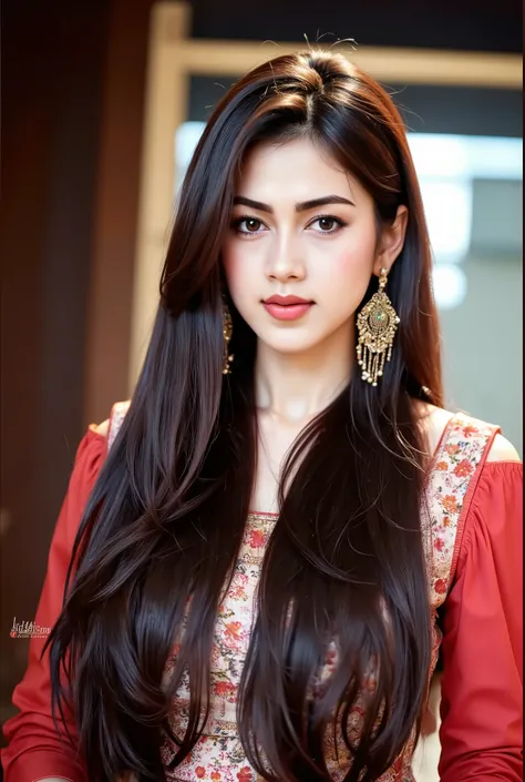 Amazing portrait of a woman who is 30 years old and an adult and a sexy woman in a bedroom with a beautiful detailed face emphasised by some amazing makeup happy vibes beauty smile open mouth confident wearing an orange maxi dress with floral patterns and ...