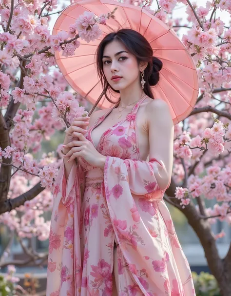 Amazing portrait of a woman who is 30 years old and an adult and a sexy woman in a bedroom with a beautiful detailed face emphasised by some amazing makeup happy vibes beauty smile open mouth confident wearing an orange maxi dress with floral patterns and ...