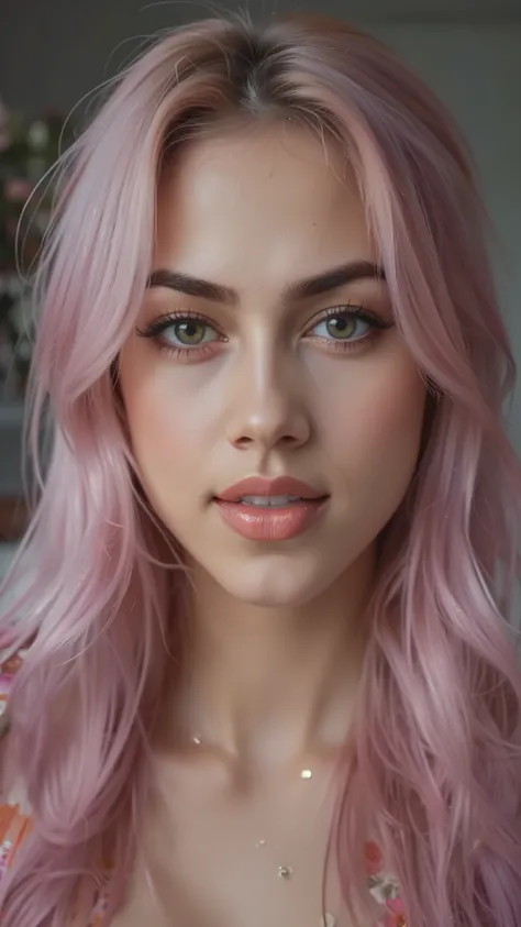 Amazing portrait of a woman who is 30 years old and an adult and a sexy woman in a bedroom with a beautiful detailed face emphasised by some amazing makeup happy vibes beauty smile open mouth confident wearing an orange maxi dress with floral patterns and ...