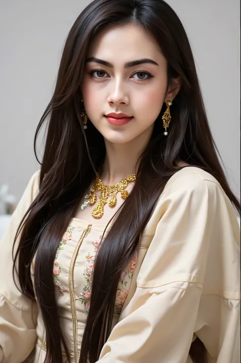 Amazing portrait of a woman who is 30 years old and an adult and a sexy woman in a bedroom with a beautiful detailed face emphasised by some amazing makeup happy vibes beauty smile open mouth confident wearing an orange maxi dress with floral patterns and ...