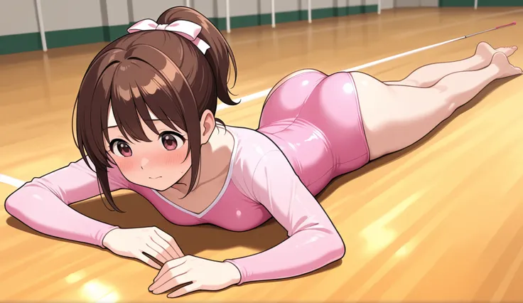 1 girl cute embarrassed pink leotard long sleeve leotard Rhythmic gymnastics short ponytail brown hair in practice Barefoot gymnasium, prone, on stomach,