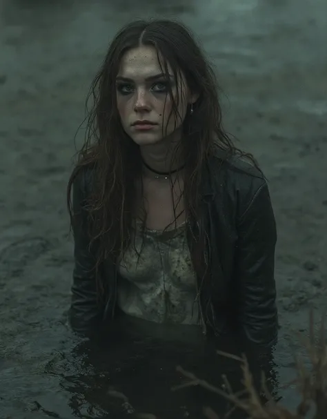 vulgar woman sinking in a swamp, wearing a t-shirt and biker jacket, moody, haunting