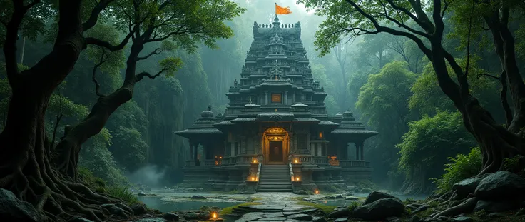 “An ultra-realistic cinematic front photoshoot of a majestic Hindu temple deep inside a dark mystical forest. The temple is built in traditional South Indian style with intricate stone carvings, towering gopuram, and detailed sculptures of gods and sacred ...