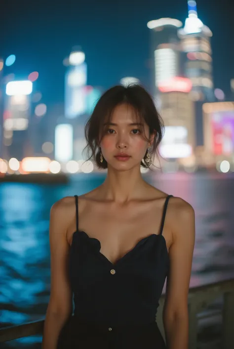 Japanese female model、deep navy silk evening dress(Floor length、Modest Slit)+Strap Heels+minimal jewelry、the dress flutters in the style、blue hour with the city skyline in the background、cinematic diagonal composition、natural smile、DSLR Photography、Sony α7...