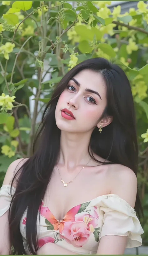 Amazing portrait of a woman who is 30 years old and an adult and a sexy woman in a bedroom with a beautiful detailed face emphasised by some amazing makeup happy vibes beauty smile open mouth confident wearing an orange maxi dress with floral patterns and ...