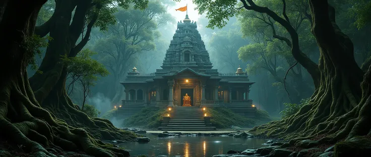 “An ultra-realistic cinematic front photoshoot of a majestic Hindu temple deep inside a dark mystical forest. The temple is built in traditional South Indian style with intricate stone carvings, towering gopuram, and detailed sculptures of gods and sacred ...