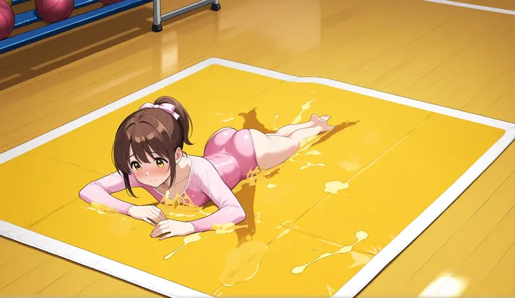 1 girl cute embarrassed pink leotard long sleeve leotard Rhythmic gymnastics short ponytail brown hair in practice Barefoot gymnasium yellow mat yellow liquid, prone, on stomach,