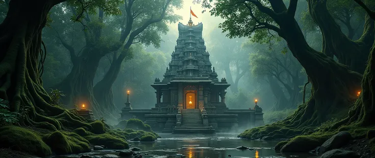 “An ultra-realistic cinematic front photoshoot of a majestic Hindu temple deep inside a dark mystical forest. The temple is built in traditional South Indian style with intricate stone carvings, towering gopuram, and detailed sculptures of gods and sacred ...
