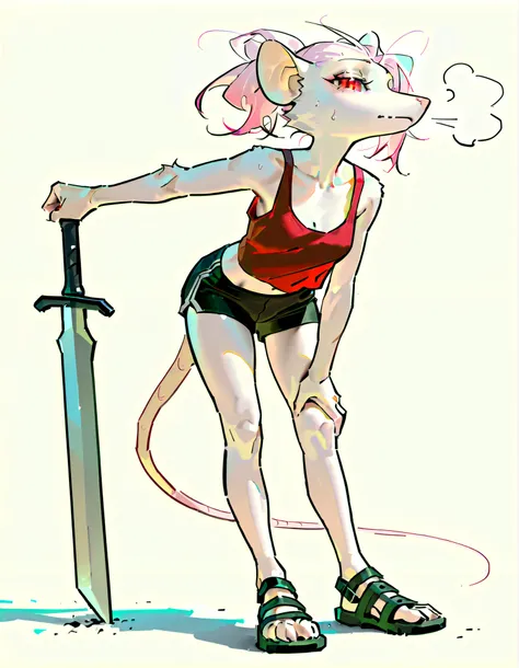 (((masterpiece))), (((Best Quality))), ((Ultra-detailed)), (anime Illustration), ((extremely delicate and beautiful)),solo, Full body, fantasy albino wererat girl, Fluffy Fur, furry, short pale pink hair, red eyes, rat head, rat ear, rat tail, ((ragged red...