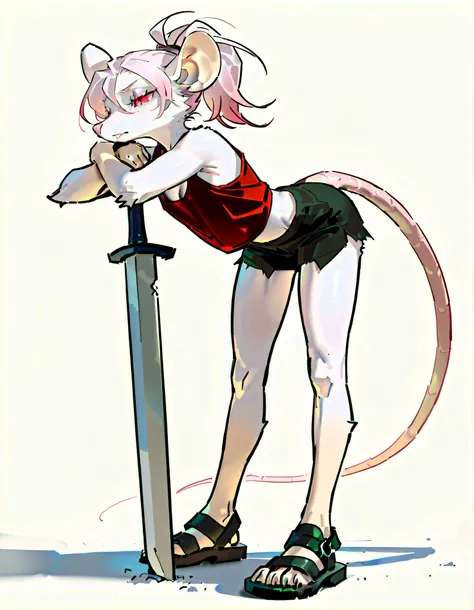(((masterpiece))), (((Best Quality))), ((Ultra-detailed)), (anime Illustration), ((extremely delicate and beautiful)),solo, Full body, fantasy albino wererat girl, Fluffy Fur, furry, short pale pink hair, red eyes, rat head, rat ear, rat tail, ((ragged red...