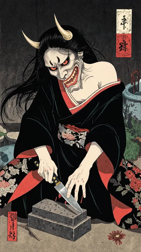 dynamic angle,dynamic pose,1 girl,wearing japanese black and red
kimono、wearing hannya mask、oni,2 horns,messy long black Hair,offshoulder,Sharpening a deba knife with a whetstone,Background with an Old Well,horror,Anger and hatred,dramatic lighting、nihon...