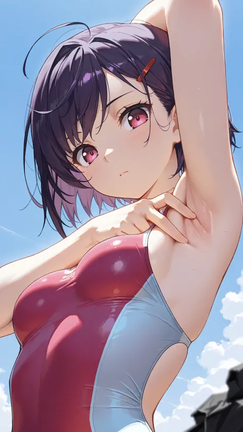 Mikazuki Shizuka, short hair, purple hair, hair ornaments, hair clip, PinkEye, bangs,sideburns, masterpiece, Highest Quality, 8k, high resolution, super detailed,HDR, 超high resolution, ultra-fine painting, clear focus, Physically Based Rendering, Extremely...