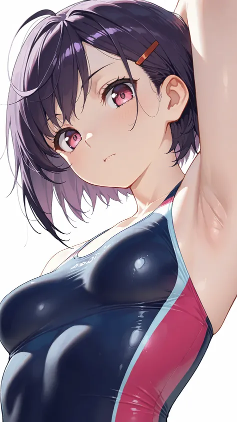 Mikazuki Shizuka, short hair, purple hair, hair ornaments, hair clip, PinkEye, bangs,sideburns, masterpiece, Highest Quality, 8k, high resolution, super detailed,HDR, 超high resolution, ultra-fine painting, clear focus, Physically Based Rendering, Extremely...