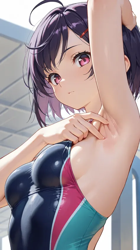 Mikazuki Shizuka, short hair, purple hair, hair ornaments, hair clip, PinkEye, bangs,sideburns, masterpiece, Highest Quality, 8k, high resolution, super detailed,HDR, 超high resolution, ultra-fine painting, clear focus, Physically Based Rendering, Extremely...