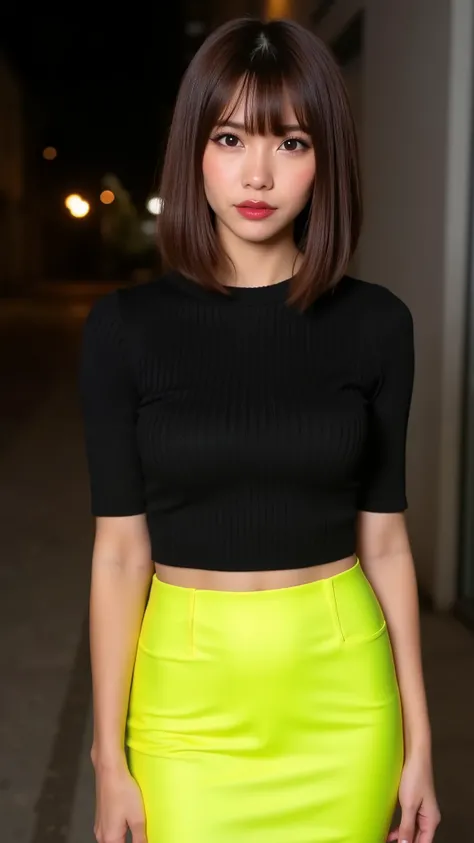 ,((fluorescent yellow high waist pencil long skirt)),(The skirt fits perfectly on the buttocks),(masterpiece, Highest Quality , Ultra High Accuracy),Realistic,Detailed CG,Makeup that lengthens eyelashes,((straight hair with bangs)),((fitted black knitted s...