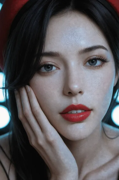 Close-up portrait of an exquisitely beautiful woman, monochrome black and white, half of her face visible as she slightly tilts her head. She wears a red hat and red lipstick, exuding charisma. No hand gesture or finger near the lips. Cinematic, high-contr...