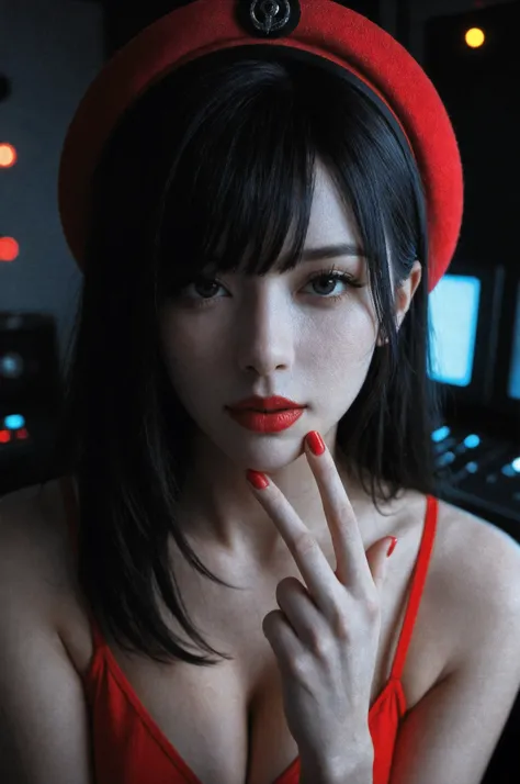 Close-up portrait of an exquisitely beautiful woman, monochrome black and white, half of her face visible as she slightly tilts her head. She wears a red hat and red lipstick, exuding charisma. No hand gesture or finger near the lips. Cinematic, high-contr...