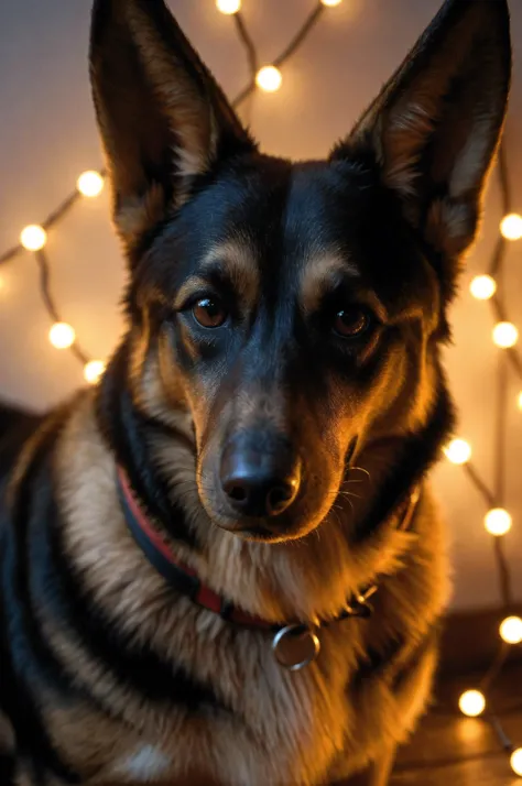 a German Shepherd puppy with big, expressive brown eyes, nestled amongst warm, glowing fairy lights, soft orange and brown tones, realistic fur, close-up shot, magical lighting, digital art, photorealistic, intricate details