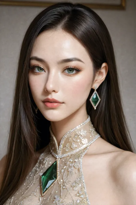 exquisite high fashion photography of a stunning, makeup-free Chinese model with enormous, single-lidded monolid emerald green eyes and long, natural lashes with subtle, soft black eyeliner, a small, perfect nose, full, luscious lips, pale, transparent ski...