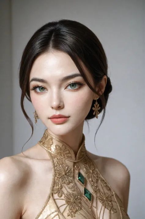 exquisite high fashion photography of a stunning, makeup-free Chinese model with enormous, single-lidded monolid emerald green eyes and long, natural lashes with subtle, soft black eyeliner, a small, perfect nose, full, luscious lips, pale, transparent ski...