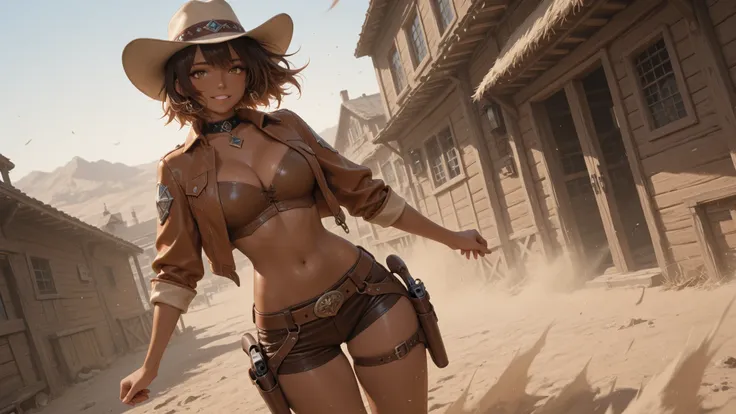 Highest Quality、Masterpiece、RAW pictures、Shootout in the Wilderness、Beautiful Brown Skin Cowgirl、It has the nickname of Calamity、Dynamic Poses to Dodge Enemy Bullets、Cowboy Jacket Flutters in the Wind、Moment You Quickly Pull It Out of Your Waist Holster、We...