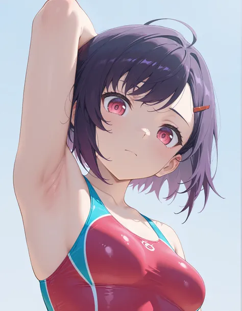 Mikazuki Shizuka, short hair, purple hair, hair ornaments, hair clip, PinkEye, bangs,sideburns, masterpiece, Highest Quality, 8k, high resolution, super detailed,HDR, 超high resolution, ultra-fine painting, clear focus, Physically Based Rendering, Extremely...