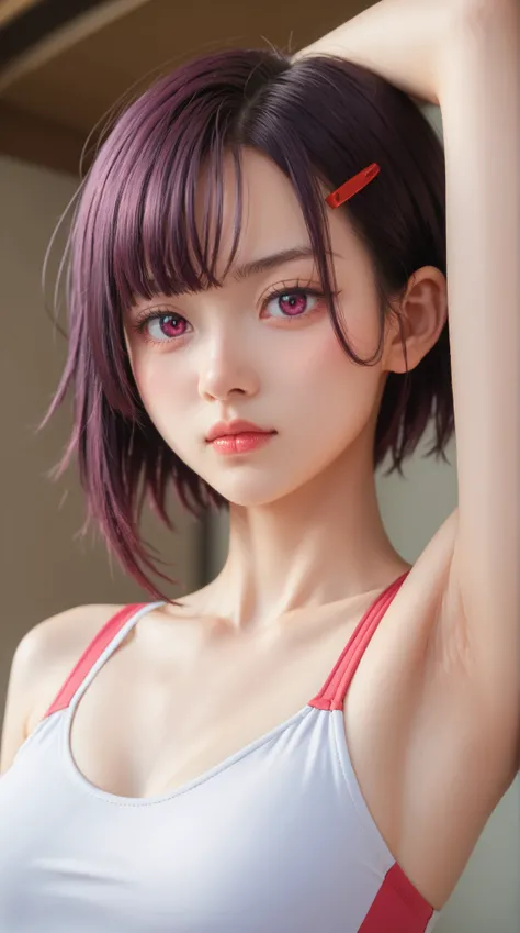Mikazuki Shizuka, short hair, purple hair, hair ornaments, hair clip, PinkEye, bangs,sideburns, masterpiece, Highest Quality, 8k, high resolution, super detailed,HDR, 超high resolution, ultra-fine painting, clear focus, Physically Based Rendering, Extremely...