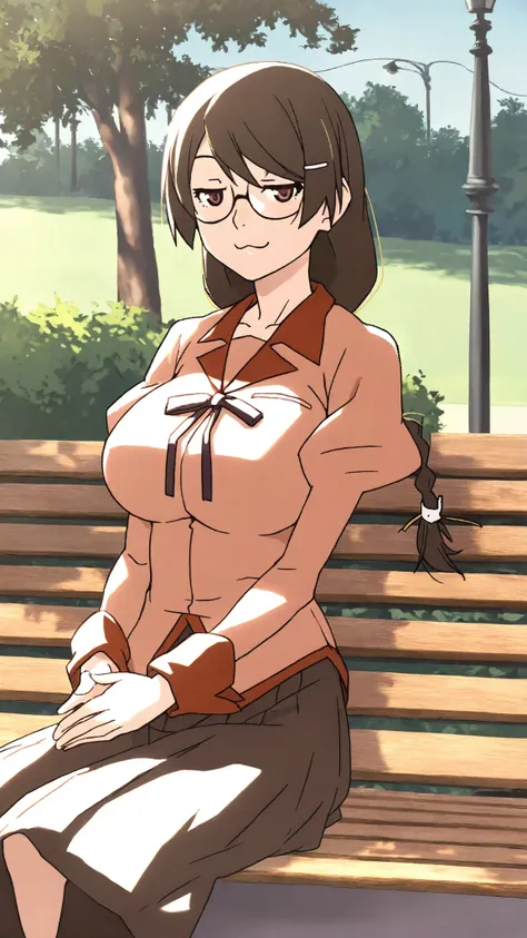 Hanekawa,masterpiece,最High Quality,High Quality,1girl,solo,What's more _high_school_uniform,long_SLEEVES,day,Parks,lamp post,sitting,hands together,refer to_together,cowboy_shot,looking for_in_viewer,of,Close,:3,