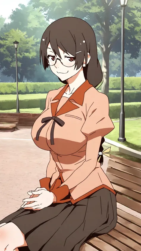 Hanekawa,masterpiece,最High Quality,High Quality,1girl,solo,What's more _high_school_uniform,long_SLEEVES,day,Parks,lamp post,sitting,hands together,refer to_together,cowboy_shot,looking for_in_viewer,of,Close,:3,