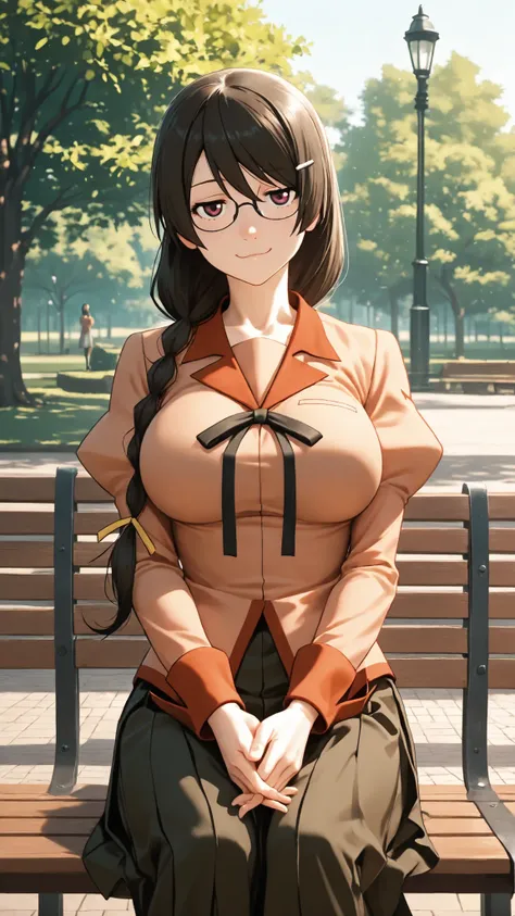 Hanekawa,masterpiece,最High Quality,High Quality,1girl,solo,What's more _high_school_uniform,long_SLEEVES,day,Parks,lamp post,sitting,hands together,refer to_together,cowboy_shot,looking for_in_viewer,of,Close,:3,
