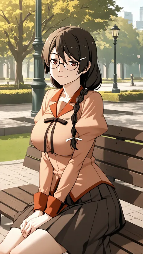 Hanekawa,masterpiece,最High Quality,High Quality,1girl,solo,What's more _high_school_uniform,long_SLEEVES,day,Parks,lamp post,sitting,hands together,refer to_together,cowboy_shot,looking for_in_viewer,of,Close,:3,