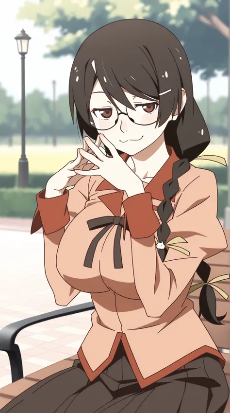 Hanekawa,masterpiece,最High Quality,High Quality,1girl,solo,What's more _high_school_uniform,long_SLEEVES,day,Parks,lamp post,sitting,hands together,refer to_together,cowboy_shot,looking for_in_viewer,of,Close,:3,