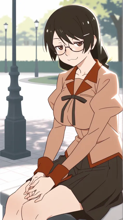 Hanekawa,masterpiece,最High Quality,High Quality,1girl,solo,What's more _high_school_uniform,long_SLEEVES,day,Parks,lamp post,sitting,hands together,refer to_together,cowboy_shot,looking for_in_viewer,of,Close,:3,