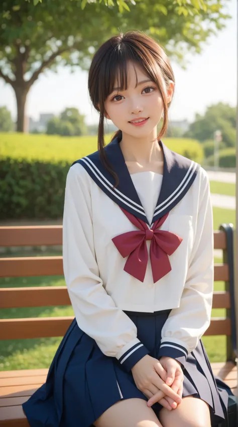 Hanekawa,masterpiece,最High Quality,High Quality,1girl,solo,What's more _high_school_uniform,long_SLEEVES,day,Parks,lamp post,sitting,hands together,refer to_together,cowboy_shot,looking for_in_viewer,of,Close,:3,