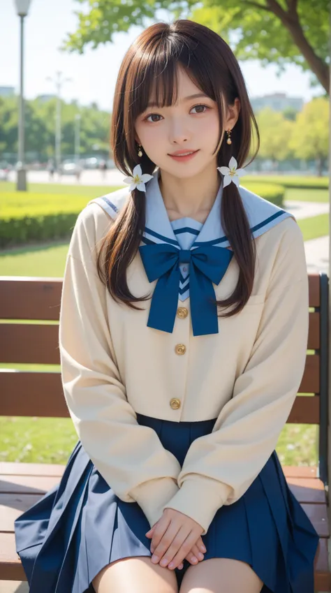 Hanekawa,masterpiece,最High Quality,High Quality,1girl,solo,What's more _high_school_uniform,long_SLEEVES,day,Parks,lamp post,sitting,hands together,refer to_together,cowboy_shot,looking for_in_viewer,of,Close,:3,