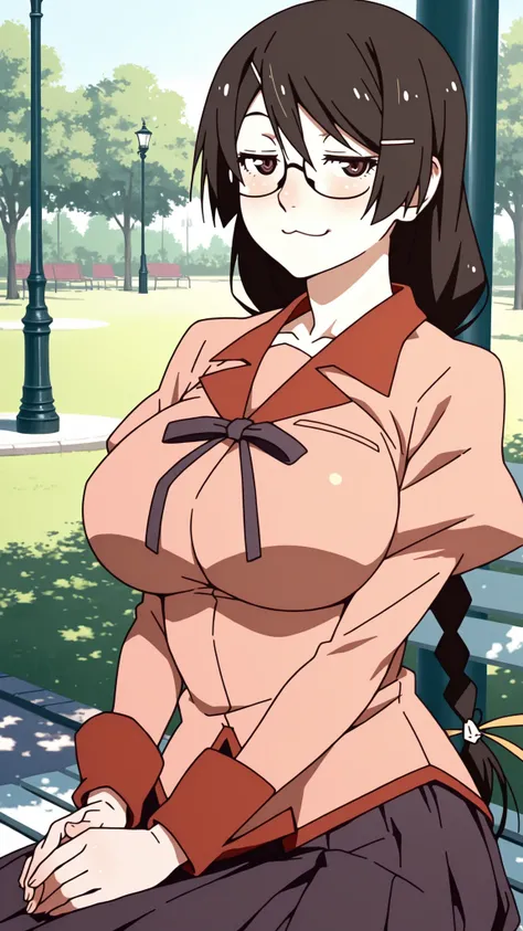 Hanekawa,masterpiece,最High Quality,High Quality,1girl,solo,What's more _high_school_uniform,long_SLEEVES,day,Parks,lamp post,sitting,hands together,refer to_together,cowboy_shot,looking for_in_viewer,of,Close,:3,