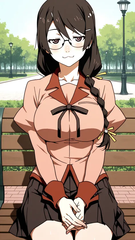 Hanekawa,masterpiece,最High Quality,High Quality,1girl,solo,What's more _high_school_uniform,long_SLEEVES,day,Parks,lamp post,sitting,hands together,refer to_together,cowboy_shot,looking for_in_viewer,of,Close,:3,