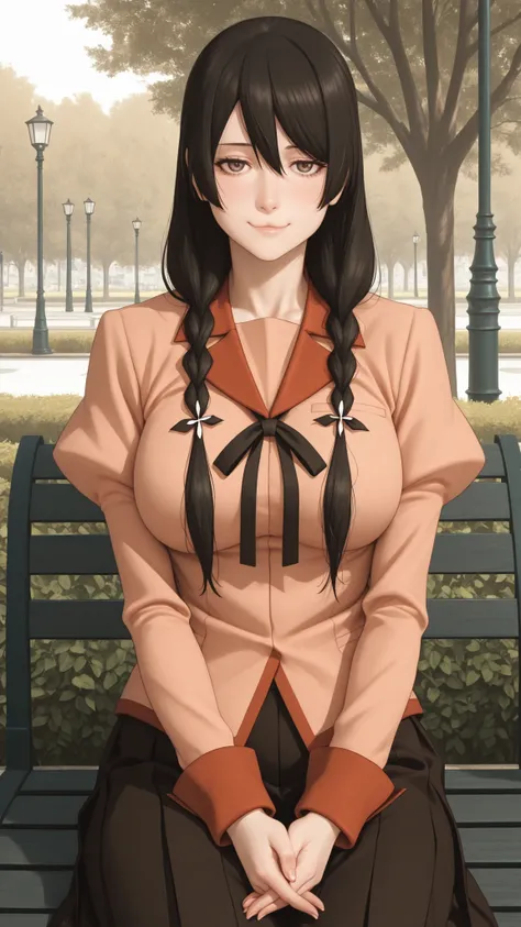 Hanekawa,masterpiece,最High Quality,High Quality,1girl,solo,What's more _high_school_uniform,long_SLEEVES,day,Parks,lamp post,sitting,hands together,refer to_together,cowboy_shot,looking for_in_viewer,of,Close,:3,