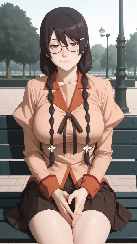 Hanekawa,masterpiece,最High Quality,High Quality,1girl,solo,What's more _high_school_uniform,long_SLEEVES,day,Parks,lamp post,sitting,hands together,refer to_together,cowboy_shot,looking for_in_viewer,of,Close,:3,