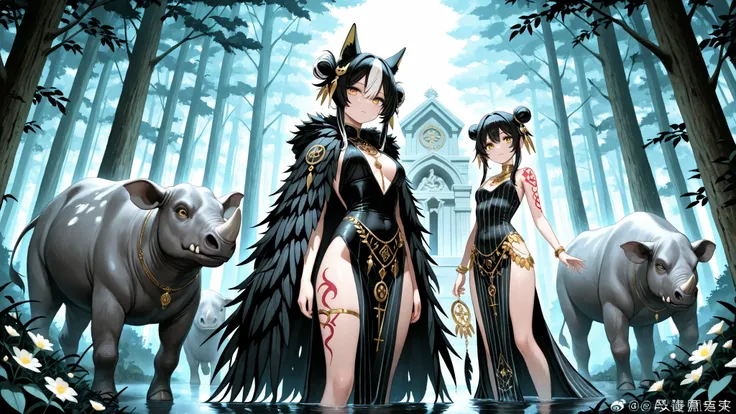 Photo Quality、An Artistic Masterpiece、detailed down to the smallest detail、natural guardians、complicated double bun hair、black and white striped hair、Beastly Yellow Eyes、supple and strong body、tattoos with characteristics of black panthers and white elepha...