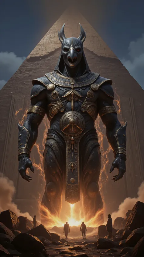 high-definition images、Make an image of the mythical god Ra(in the Egyptian Chronicles)in a fantasy monster style、with the pyramid in the background。
