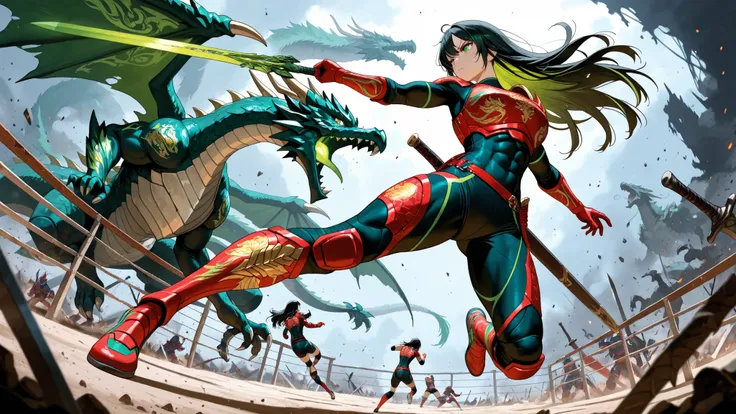 Highest Quality, Masterpiece, detailed description, Female Volleyball, Dragon Motif Armor, Harness Belt to Tighten the Body, Battle Suit with Scale-like Texture, Green and Red Accents, Giant Dragon Sword, Back scabbard, Fluorescent Green Blade, Action Pose...