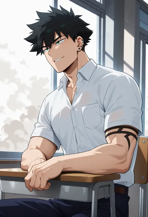 1 man, boku no hero anime style, all body, black hair, with white streak, V-shaped body, atletic body, detailed green eyes, white buttoned shirt, dark blue pants, black tattoo on the right arm, with a slight smile, black ear piercings, sitting in a school ...