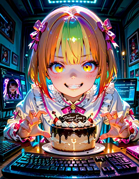 (masterpiece, details, Highest Quality, 8K, Realistic), Japanese Girls, Little girl, 3 years old, Cute Character Designs, young face, rainbow color hair, bob cut, (big eyes:1.1), 美しくdetailsな目の描写, expressive eyes, yellow eyes,  smirking face, (Idol Outfits ...