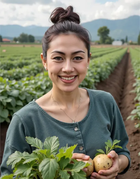 A tall, curvy, fair-skinned woman is seen pulling potatoes in her potato field, her hair tied in a messy bun. She is seen smiling at the camera and focusing on the subject.