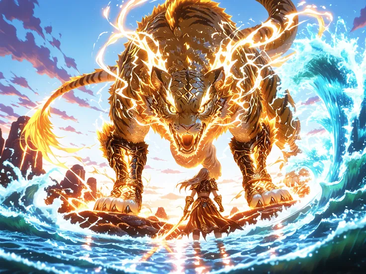 bosstyle, masterpiece, best quality, high resolution, epic fantasy illustration,
a fierce tiger beastwoman warrior leaping from crashing waves, roaring in defiance,
muscular and elegant body covered in striped fur, wearing light battle armor,
her golden e...