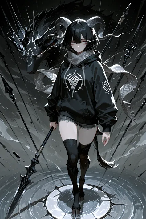 holding polearm, spear, 748cmstyle, 1female, solo, ultrahd, (beautiful eyes), best eyes, best hands, perfect anatomy, (detailed eyes), (perfect eyes), best eyes, black hair, short hair, gray eyes, curved horns, large horns, goat tail, goat horns, black tra...