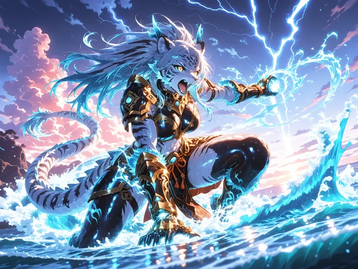 bosstyle, masterpiece, best quality, high resolution, epic fantasy illustration,
a fierce tiger beastwoman warrior leaping from crashing waves, roaring in defiance,
muscular and elegant body covered in striped fur, wearing light battle armor,
her golden e...