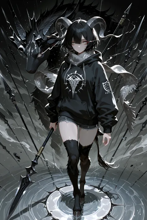 holding polearm, spear, 748cmstyle, 1female, solo, ultrahd, (beautiful eyes), best eyes, best hands, perfect anatomy, (detailed eyes), (perfect eyes), best eyes, black hair, short hair, gray eyes, curved horns, large horns, goat tail, goat horns, black tra...