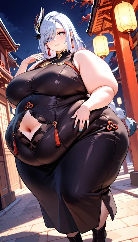 bloated belly,hyper fat,hyper obese,obese,fat,plump,WeightImmobile,a beautiful girl in a folk-inspired dress with intricate embroidery, ankle boots, elegant posing, serene outdoor garden setting, soft natural lighting, vibrant colors, detailed facial featu...